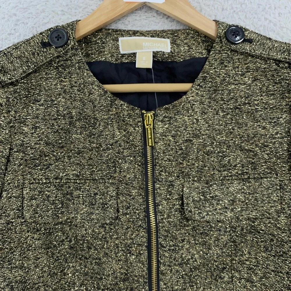 Michael Kors Silk‎ Blend Blazer Jacket Womens 6 Gold Metallic Full Zip Epaulet